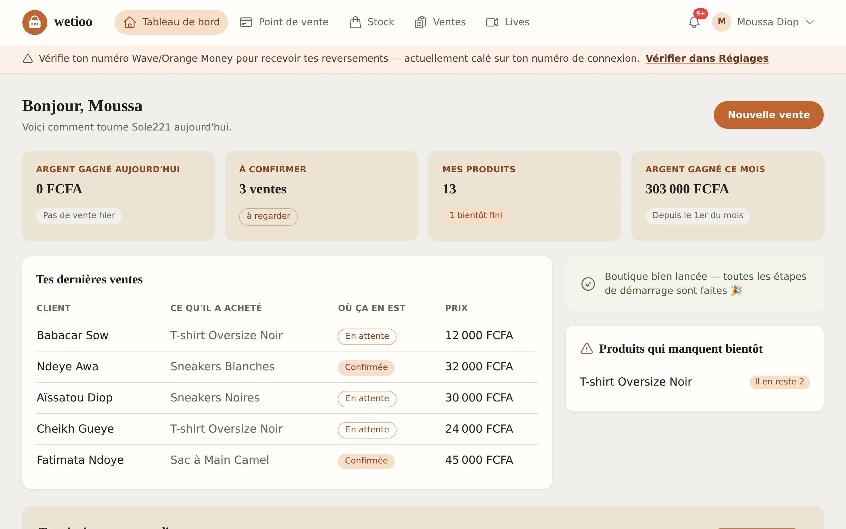 Tableau de bord réel de Wetioo