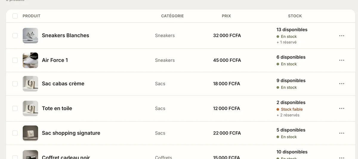 La liste du stock dans Wetioo : quantités disponibles, réservées, stock faible