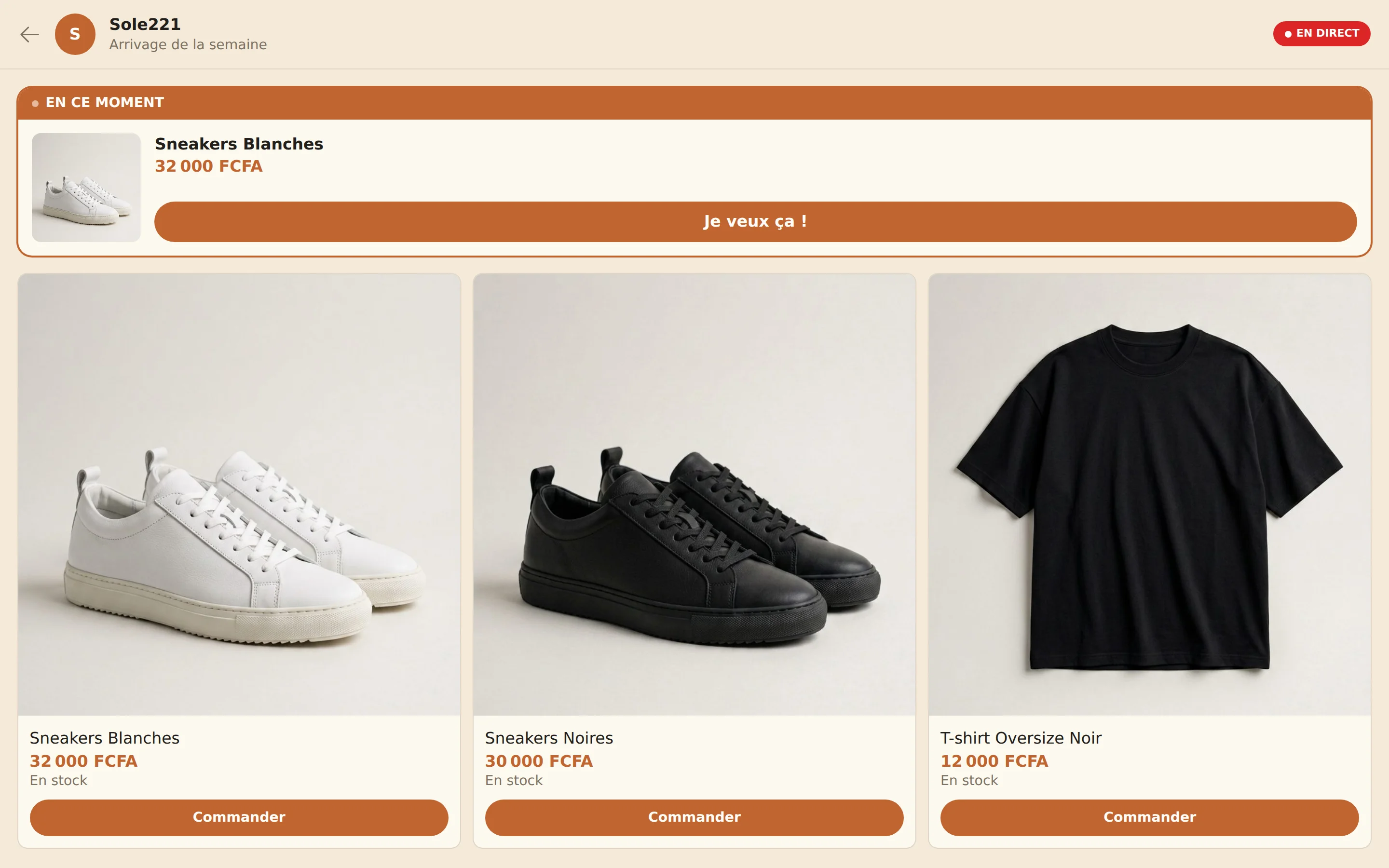 Vraie page publique d'un live Wetioo, avec commande en un tap