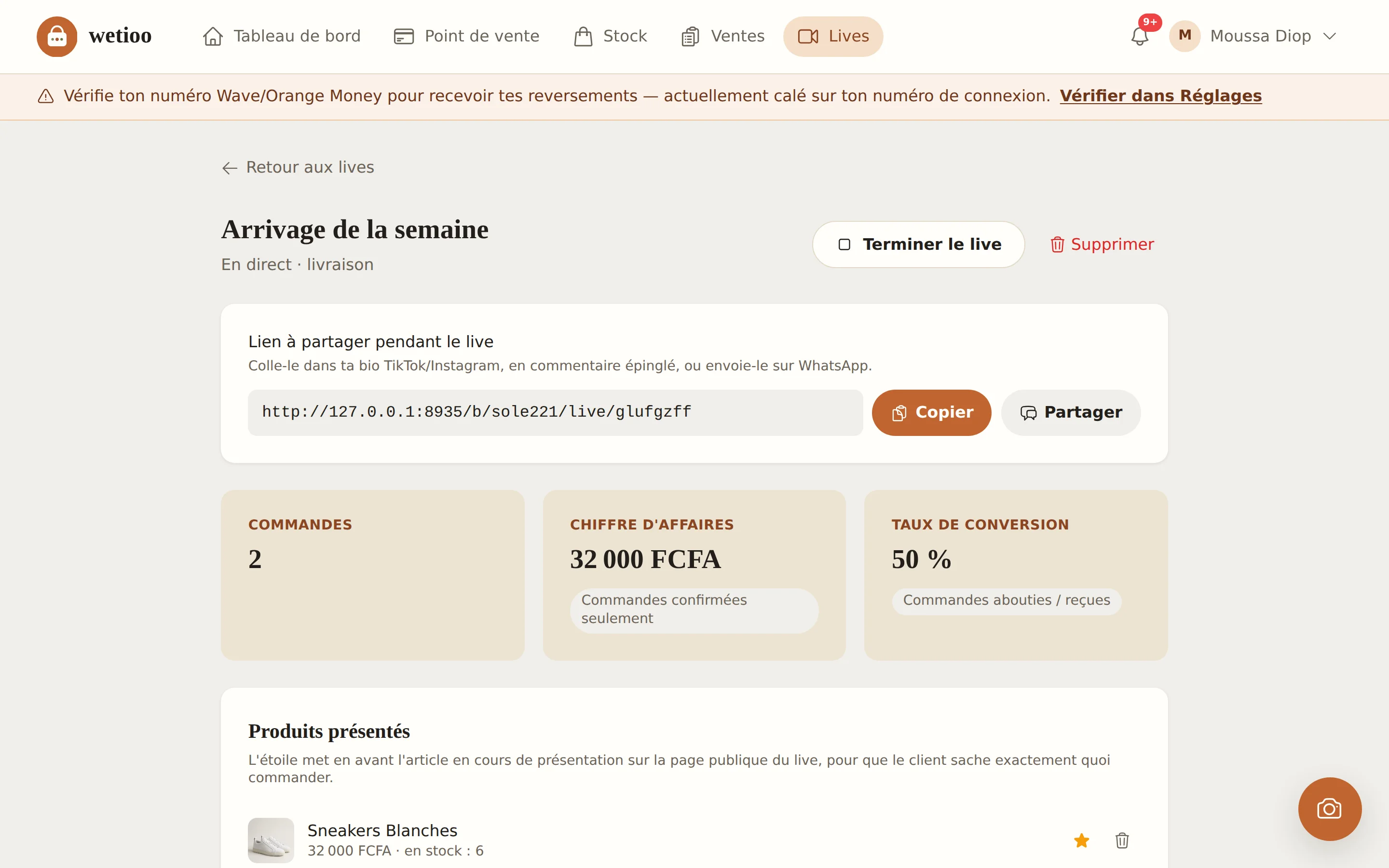Vrai tableau de suivi d'un live Wetioo côté commerçant