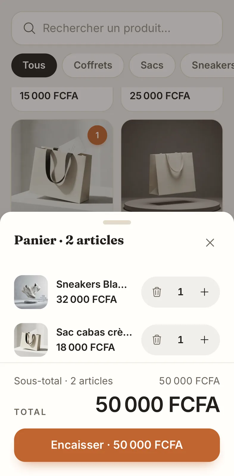 La caisse de Wetioo sur téléphone : le panier et le bouton Encaisser