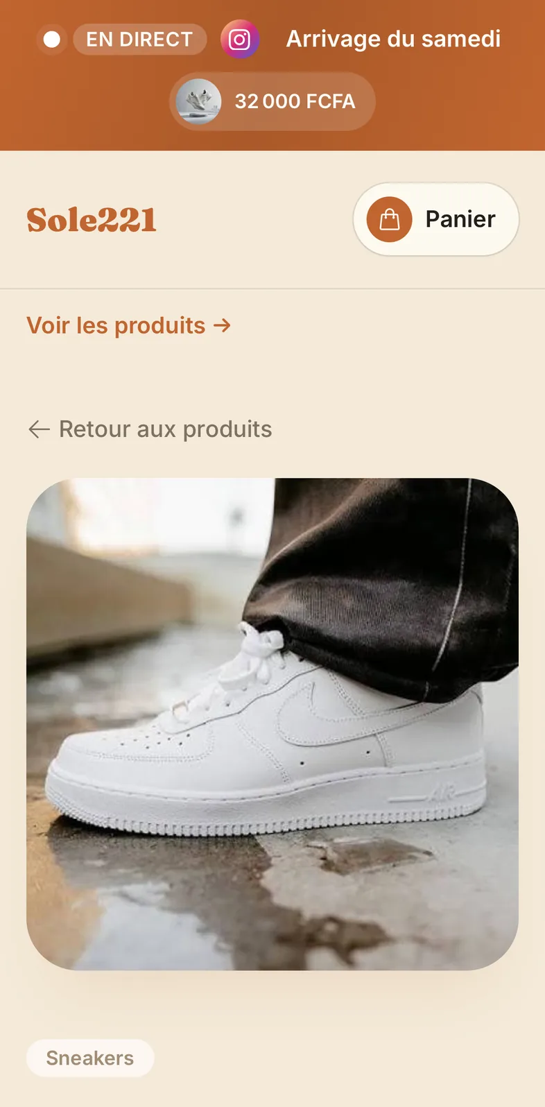 Une fiche produit de la boutique Sole221 sur téléphone
